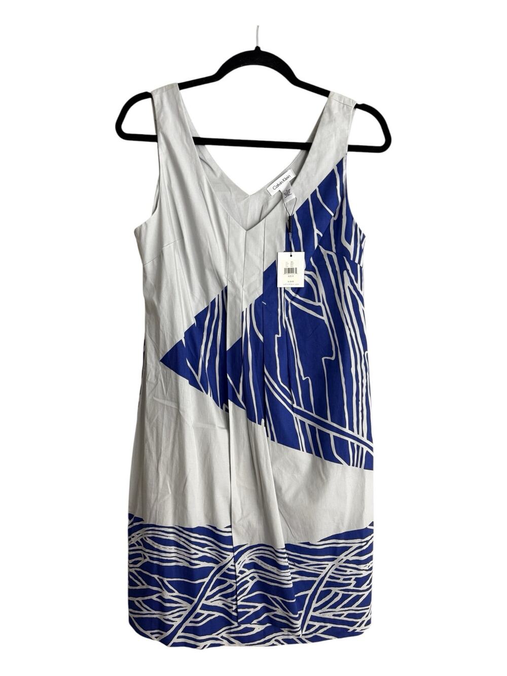 NWT Calvin Klein Sz 8 Sleeveless Sheath Dress Blue Gray Abyss V Neck Abstract